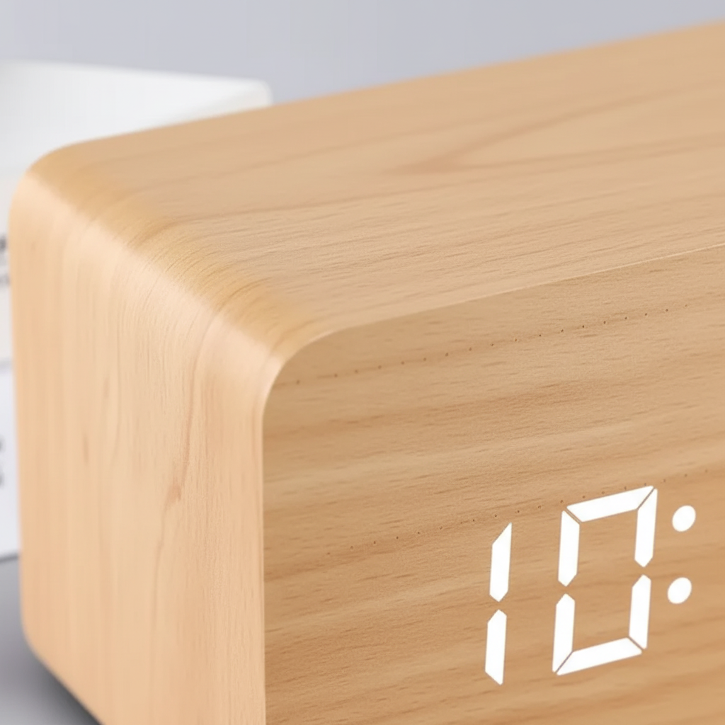Holzwecker mit LED-Display, Wireless-Ladefunktion und Temperaturanzeige