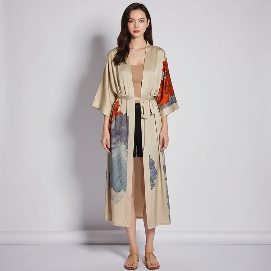 Langer floraler Kimono-Bademantel mit Dreiviertelsärmeln