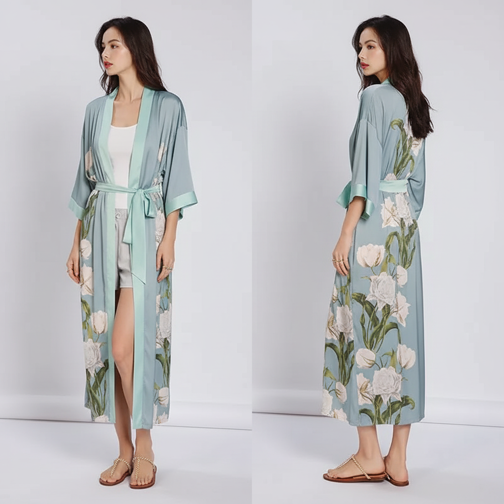 Langer floraler Kimono-Bademantel mit Dreiviertelsärmeln