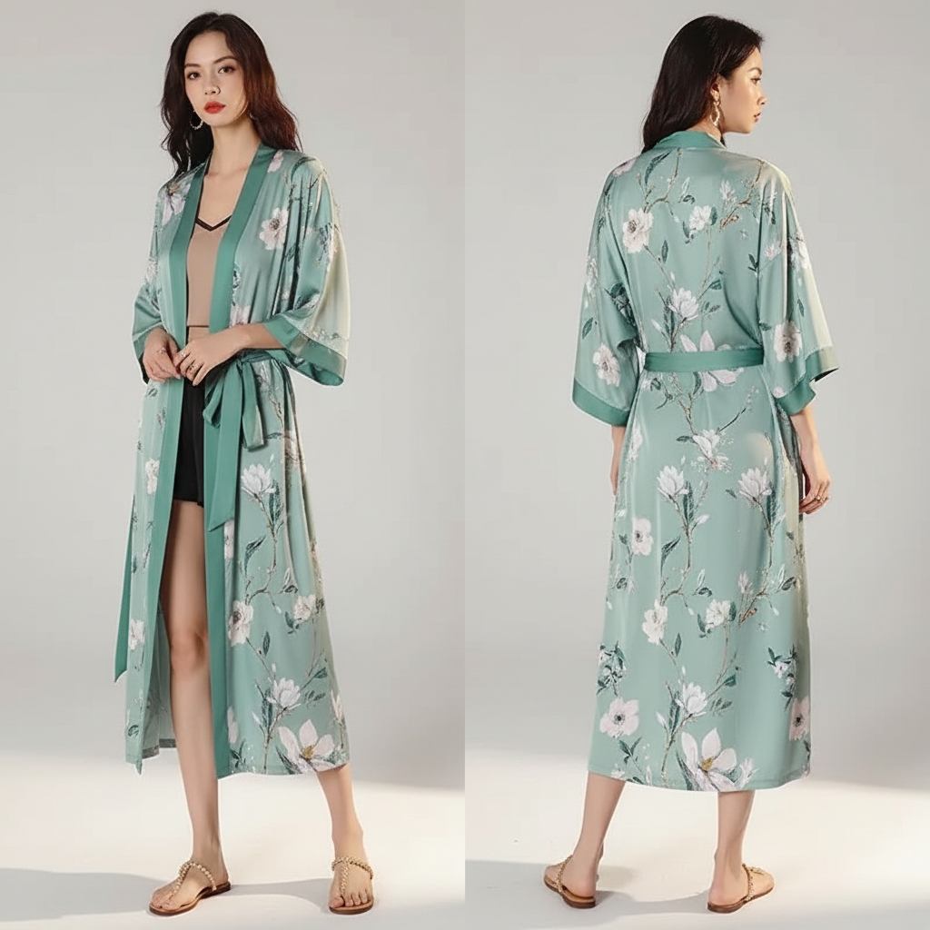 Langer floraler Kimono-Bademantel mit Dreiviertelsärmeln
