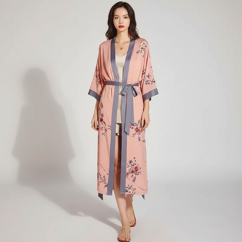 Langer floraler Kimono-Bademantel mit Dreiviertelsärmeln
