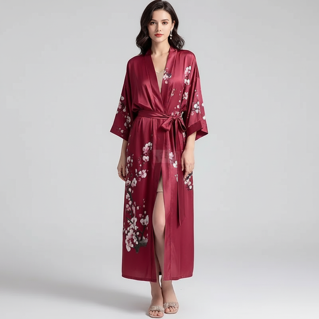 Langer floraler Kimono-Bademantel mit Dreiviertelsärmeln