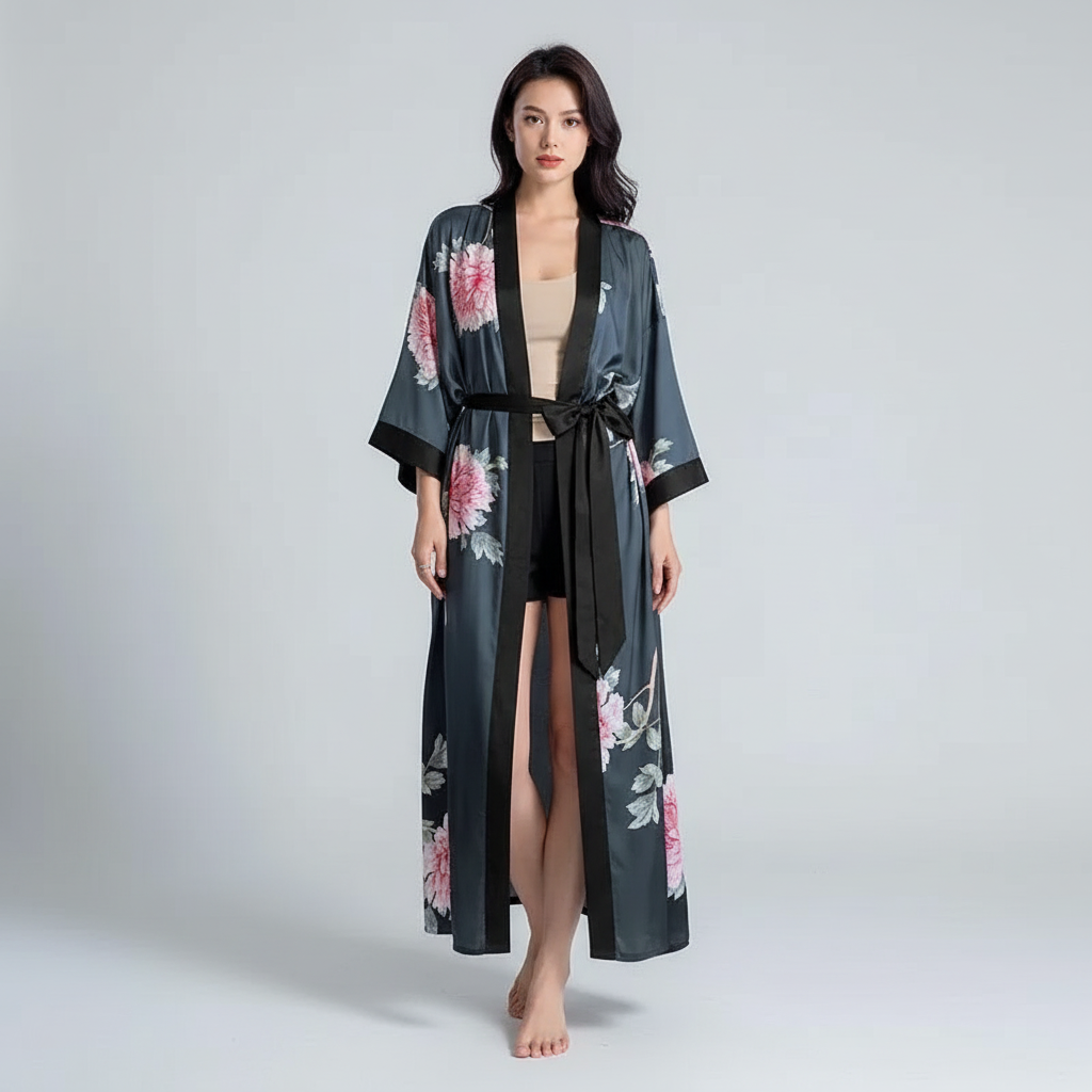 Langer floraler Kimono-Bademantel mit Dreiviertelsärmeln