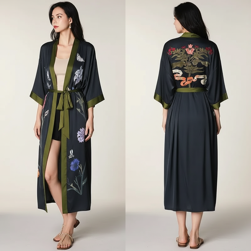 Langer floraler Kimono-Bademantel mit Dreiviertelsärmeln