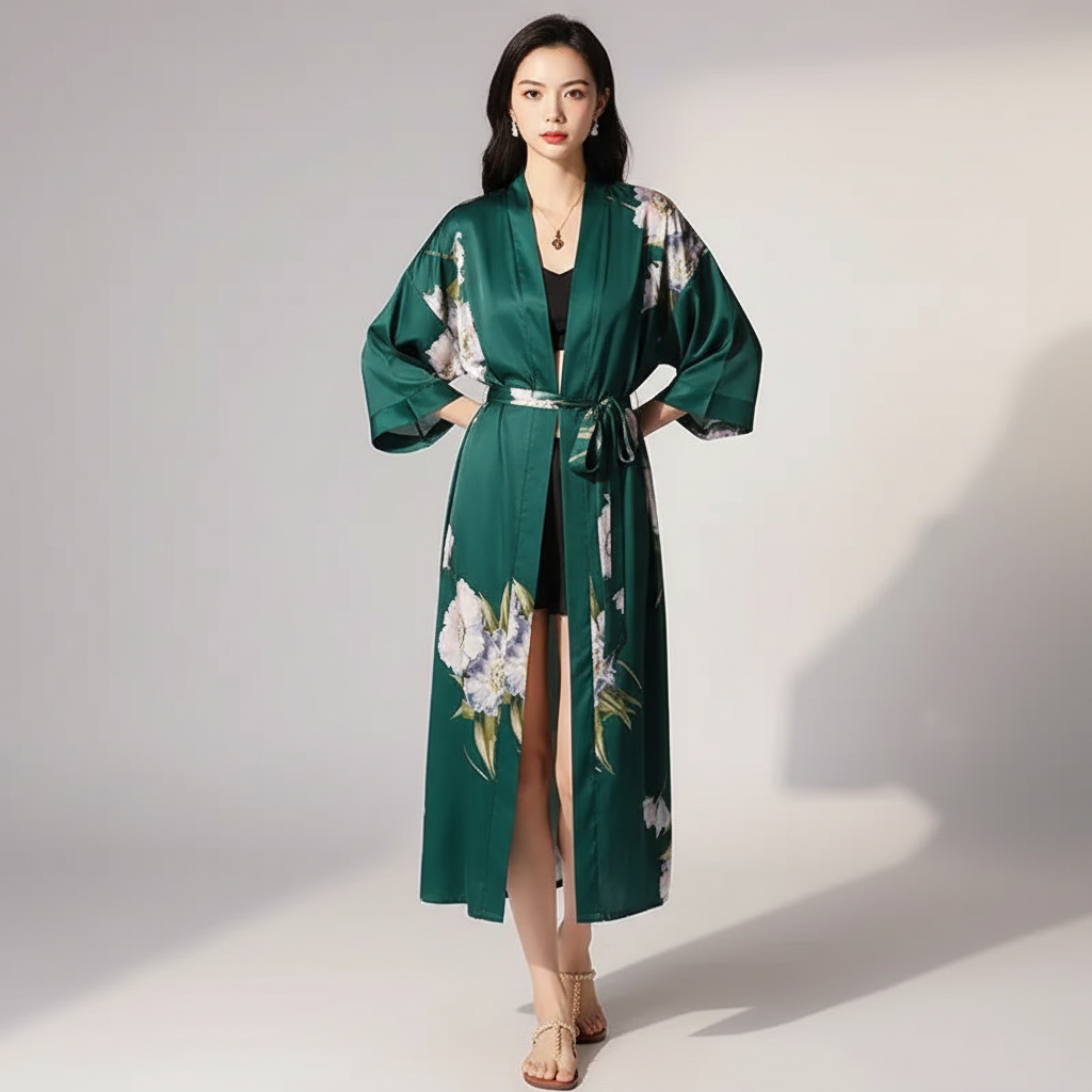 Langer floraler Kimono-Bademantel mit Dreiviertelsärmeln