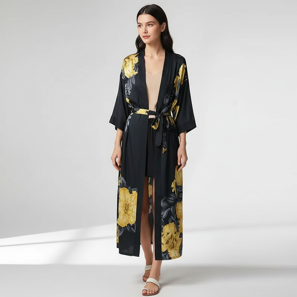 Langer floraler Kimono-Bademantel mit Dreiviertelsärmeln
