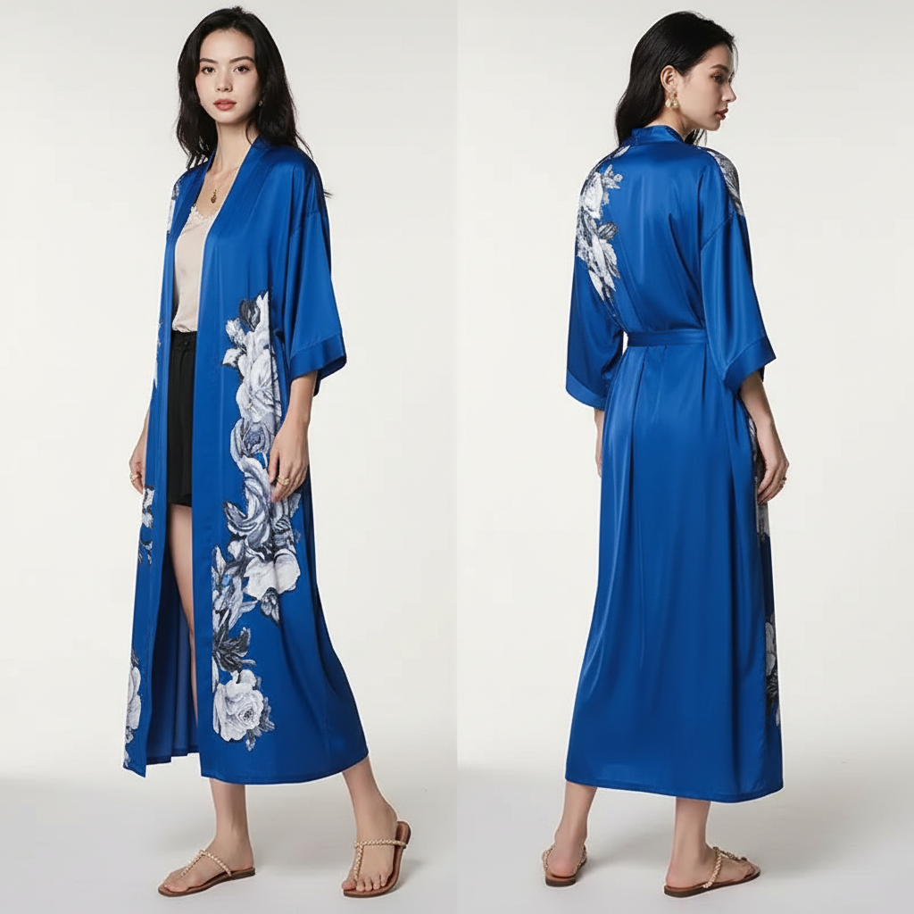 Langer floraler Kimono-Bademantel mit Dreiviertelsärmeln