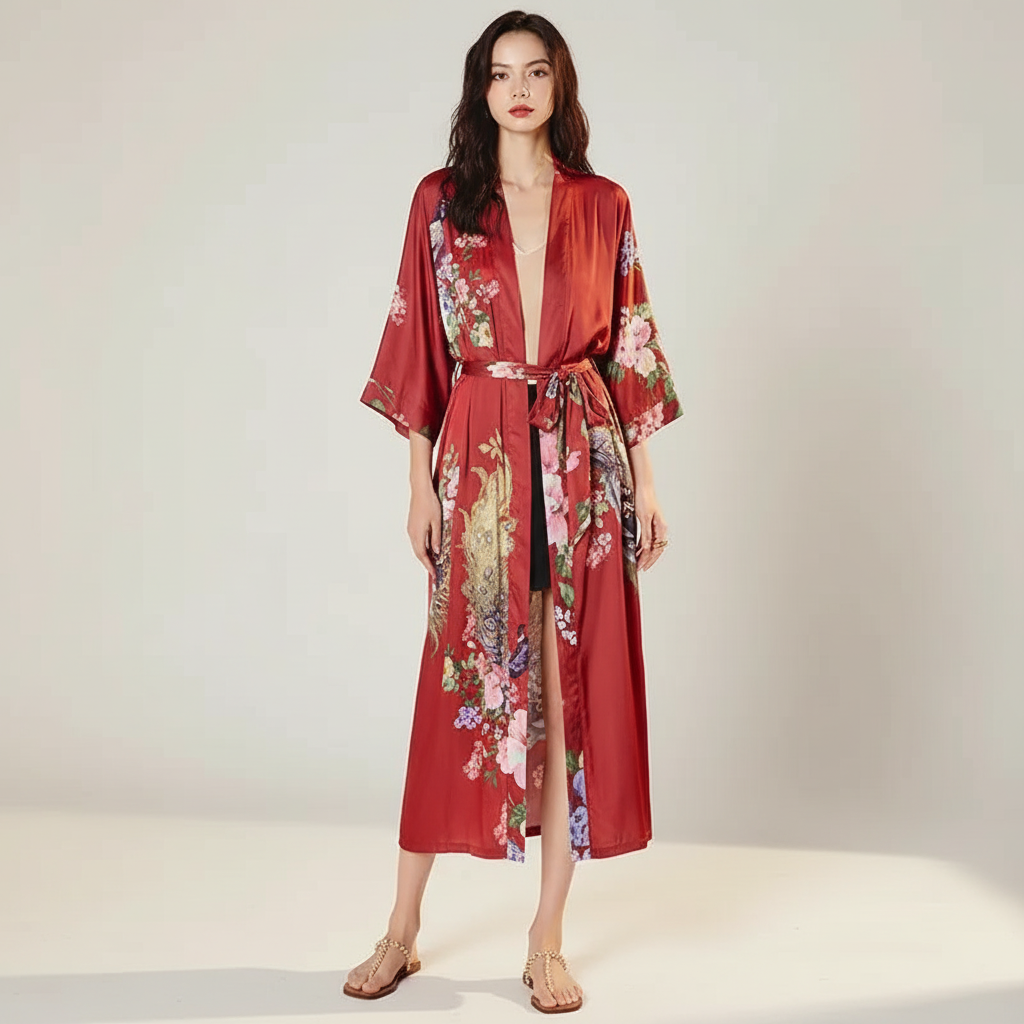 Langer floraler Kimono-Bademantel mit Dreiviertelsärmeln