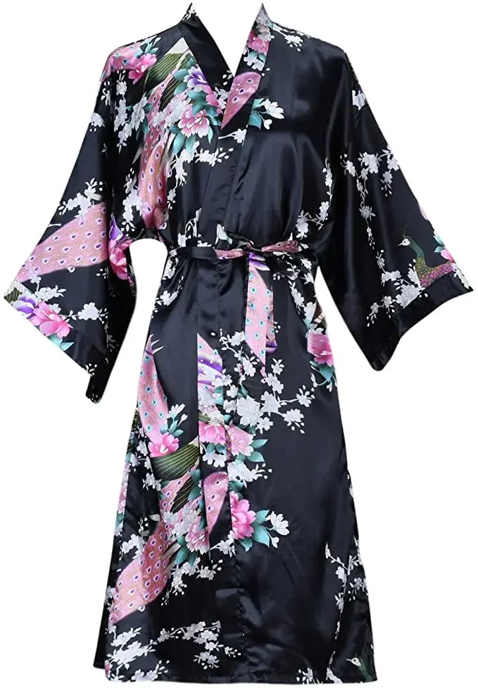 Kurzer Blüten-Kimono-Bademantel mit zartem Glanzfinish und knielangem Schnitt