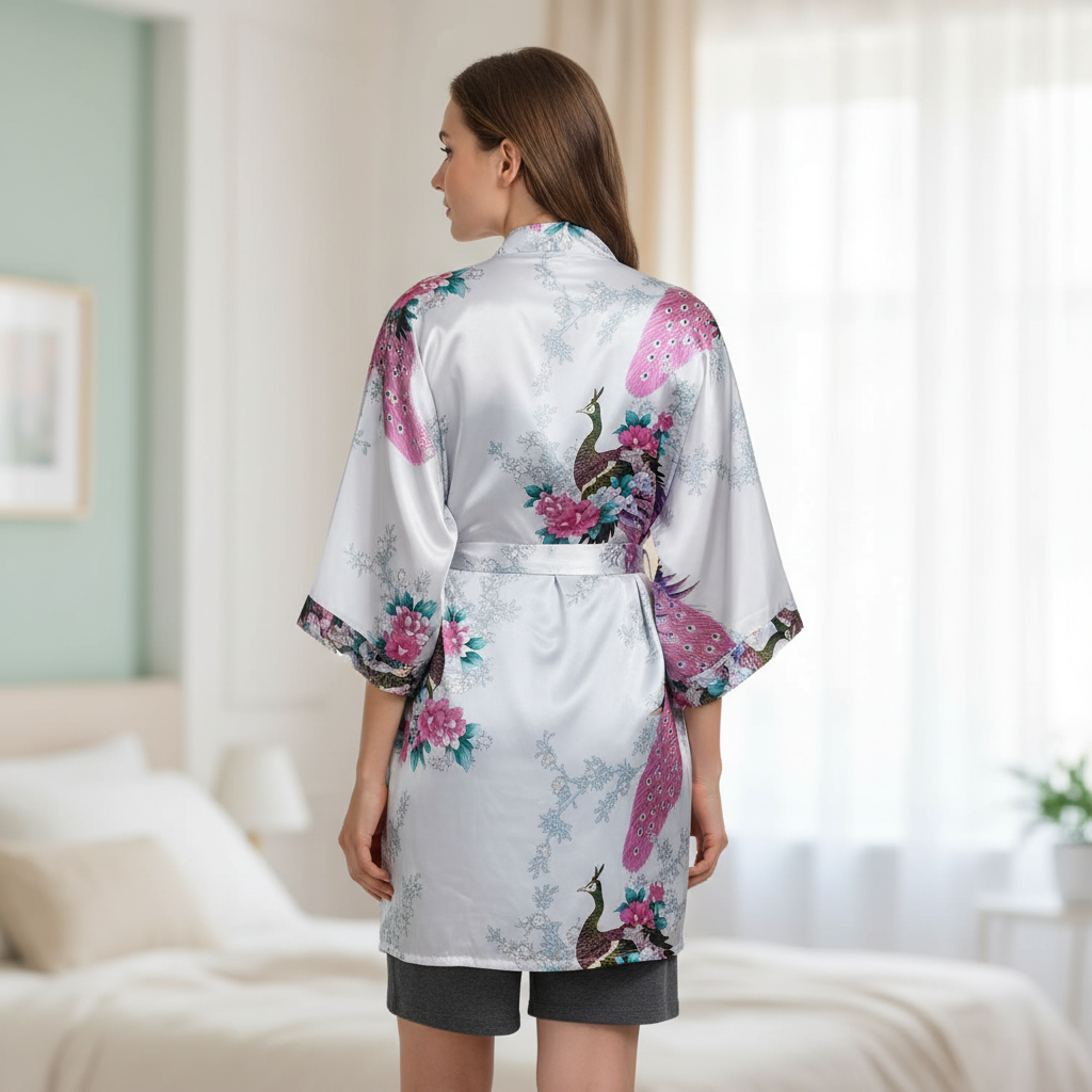 Kurzer Blüten-Kimono-Bademantel mit zartem Glanzfinish und knielangem Schnitt