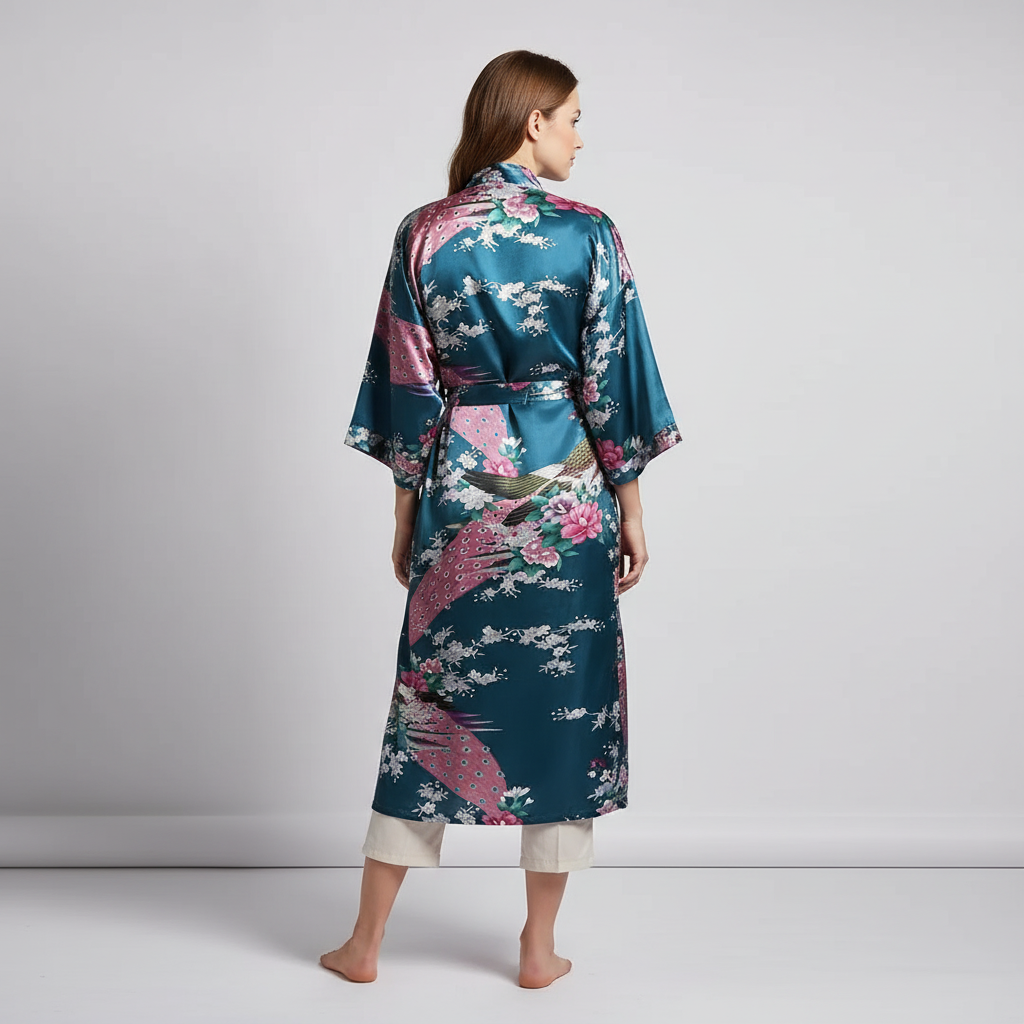 Kurzer Blüten-Kimono-Bademantel mit zartem Glanzfinish und knielangem Schnitt