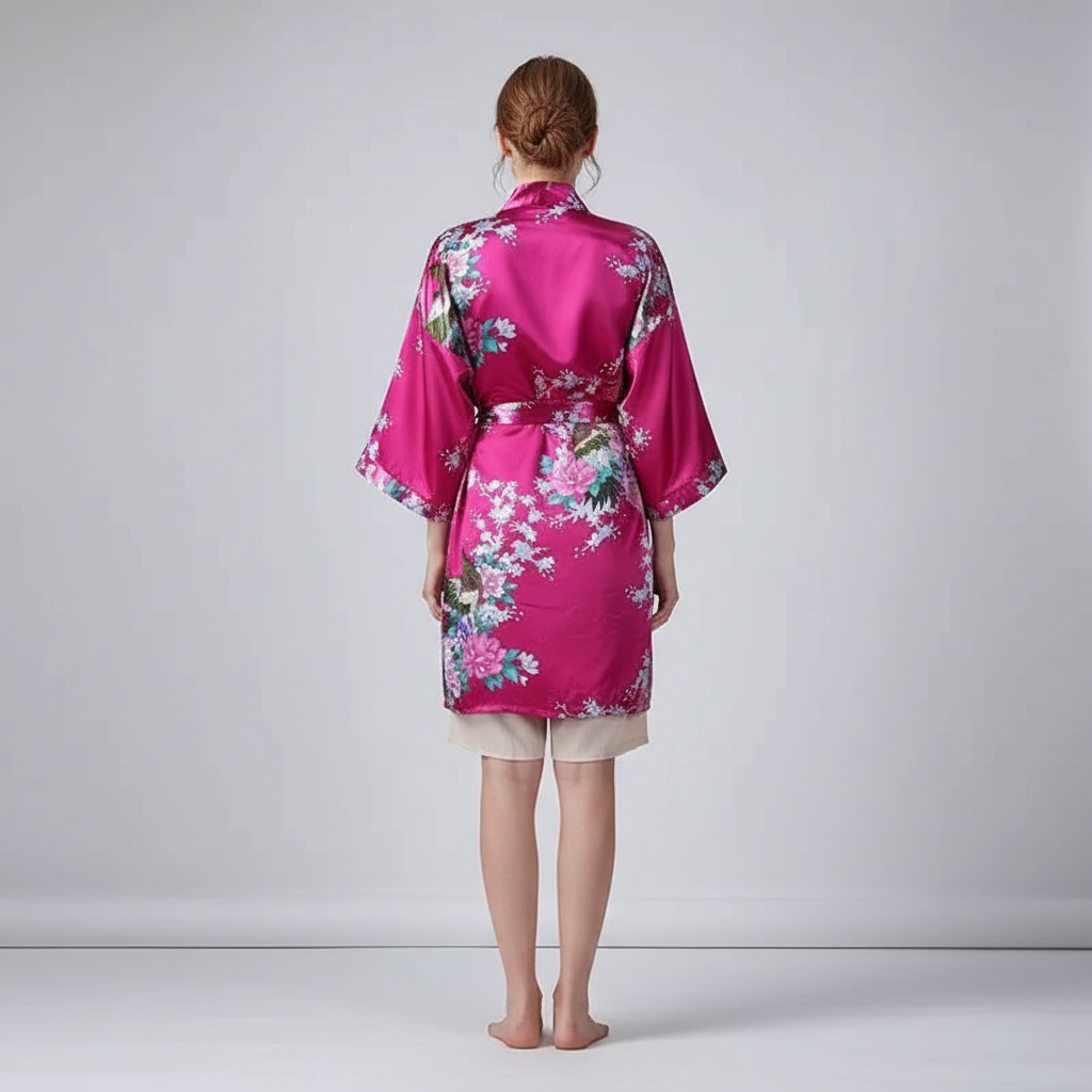 Kurzer Blüten-Kimono-Bademantel mit zartem Glanzfinish und knielangem Schnitt