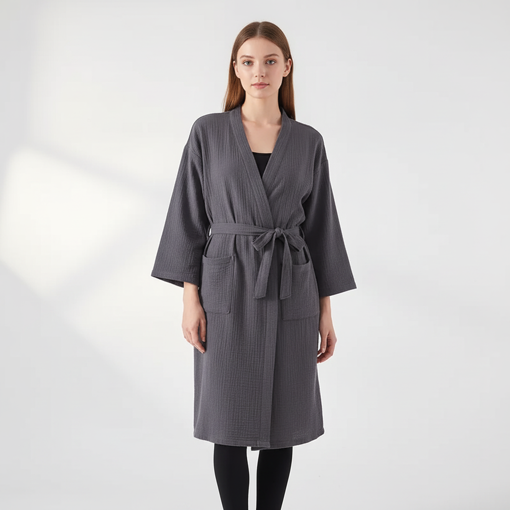 Leichter Kimono-Bademantel knielang mit Vordertaschen