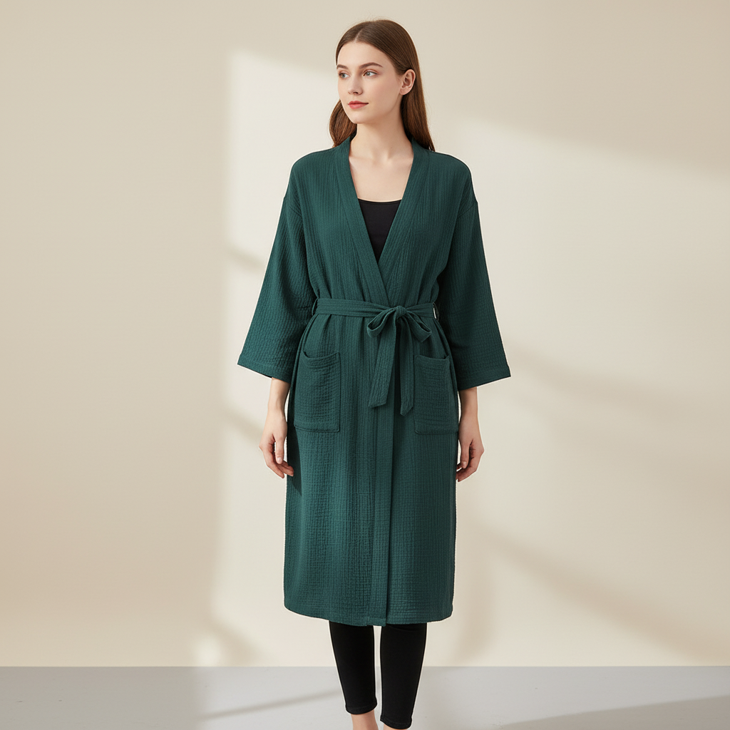 Leichter Kimono-Bademantel knielang mit Vordertaschen