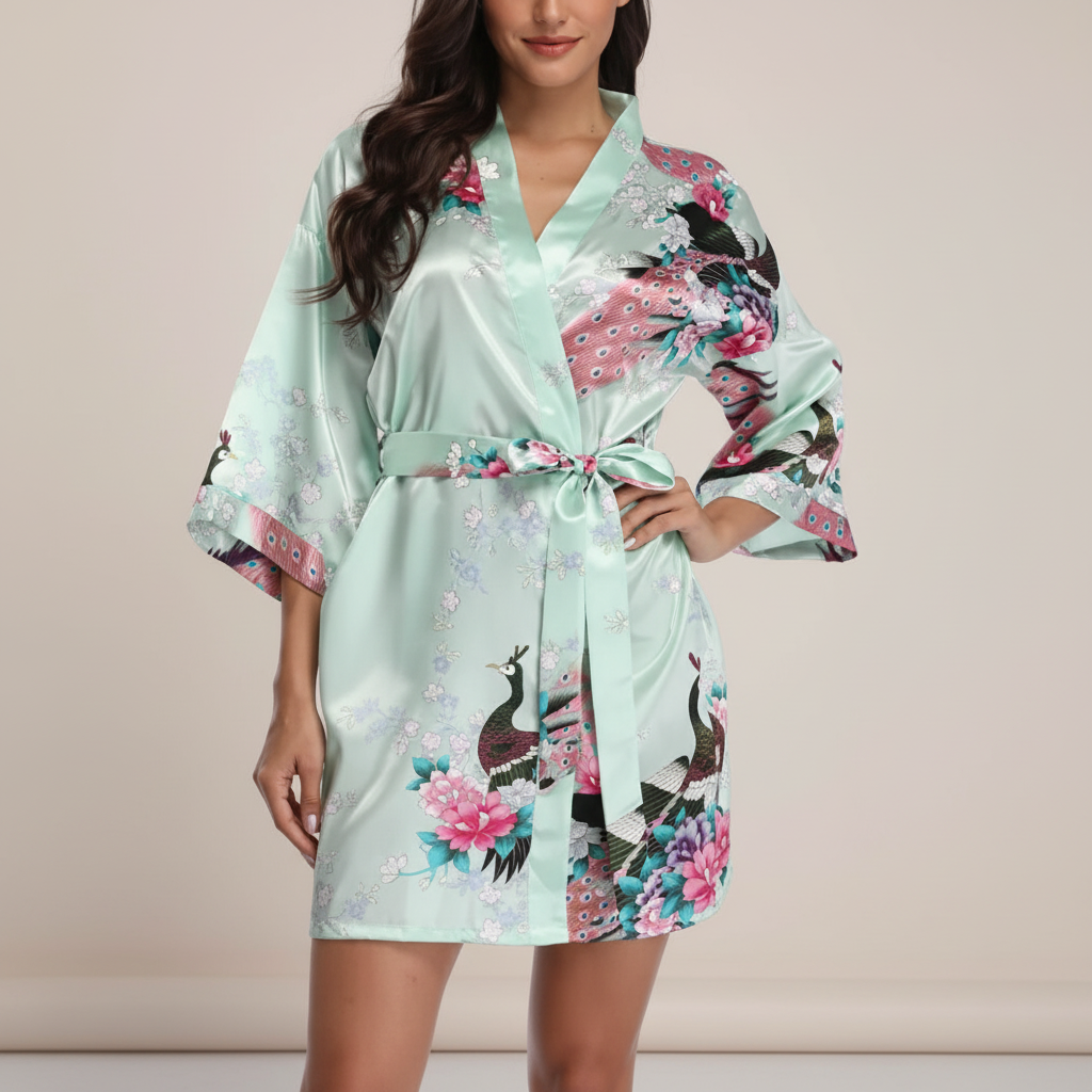 Kurzer Kimono-Bademantel mit Kran- und Blumendruck elegantes Braut-Design