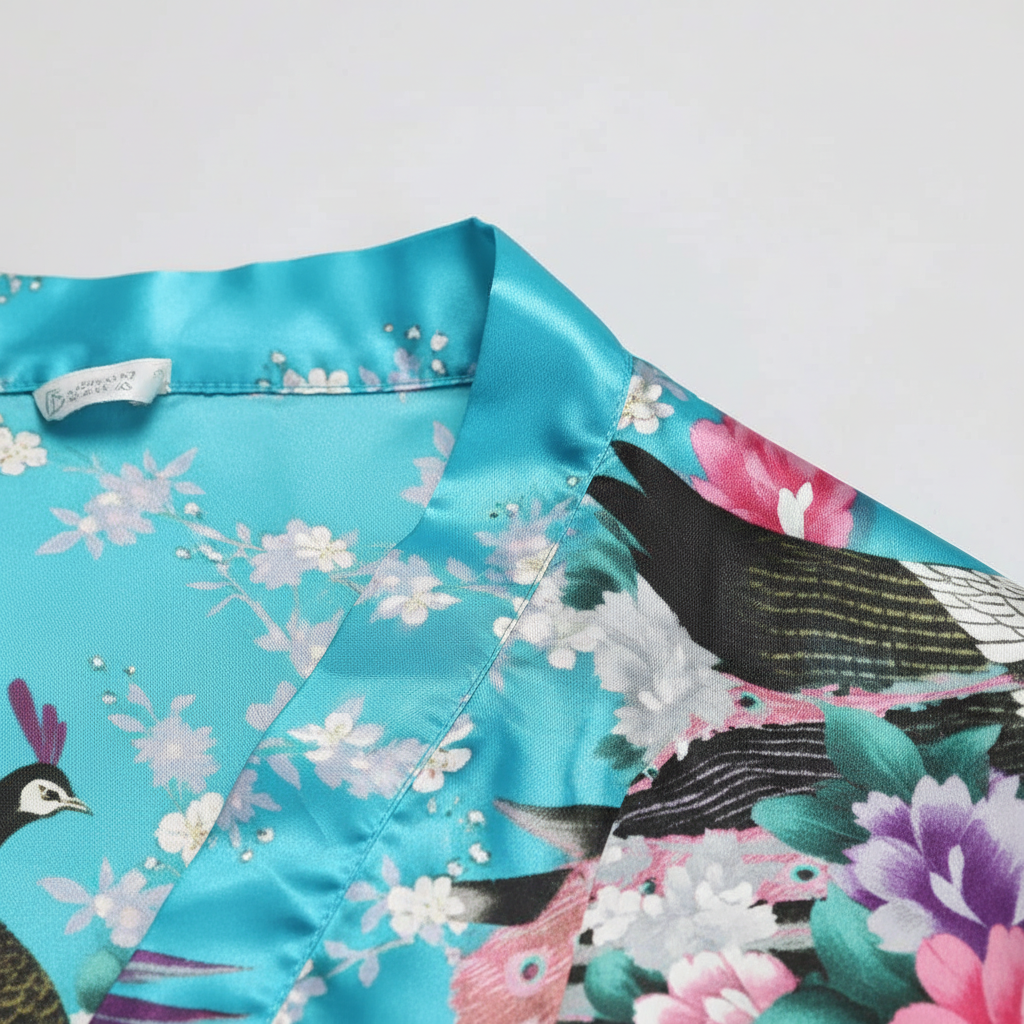 Kurzer Kimono-Bademantel mit Kran- und Blumendruck elegantes Braut-Design