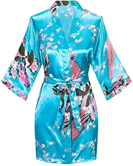 Kurzer Kimono-Bademantel mit Kran- und Blumendruck elegantes Braut-Design