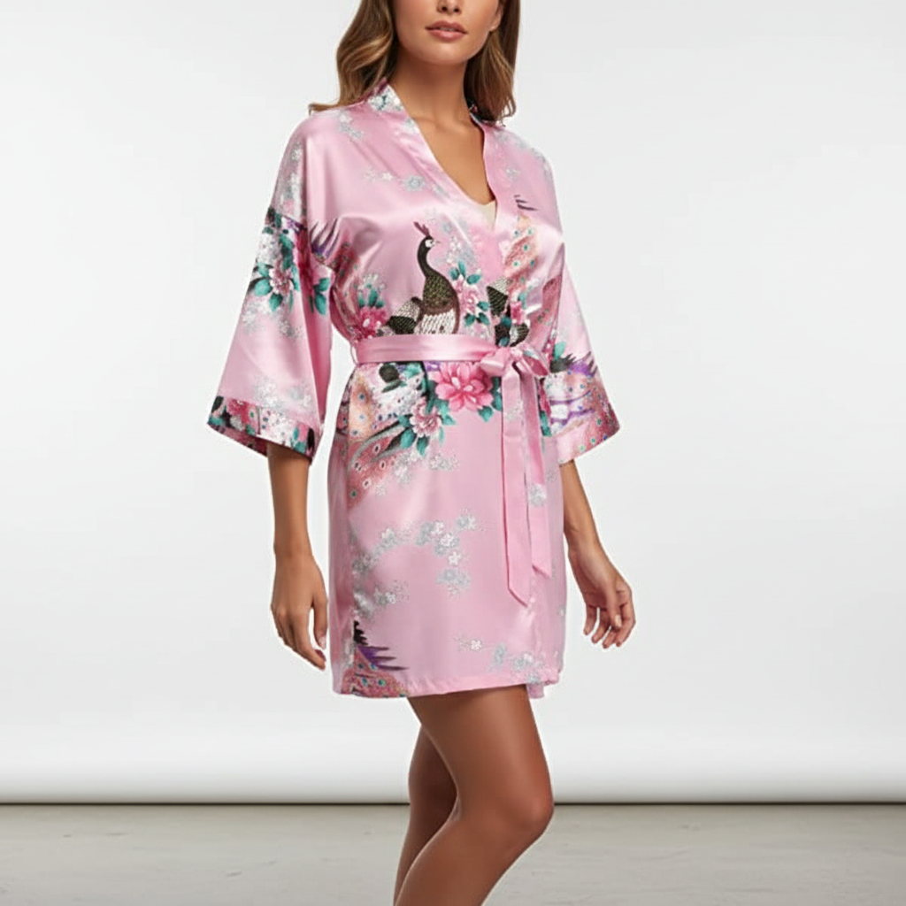 Kurzer Kimono-Bademantel mit Kran- und Blumendruck elegantes Braut-Design