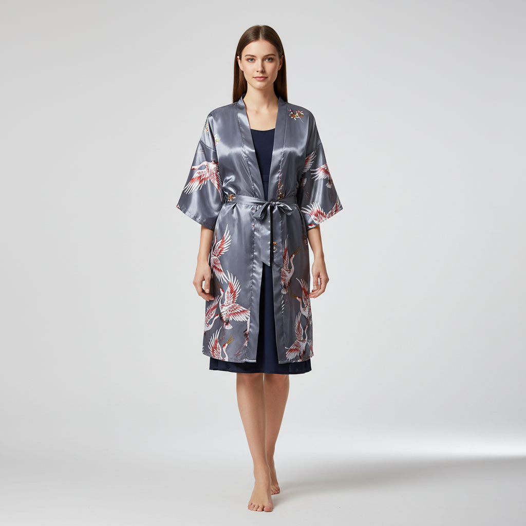 Kurzer Kimono-Morgenmantel Blumenmuster elegant seidenartig