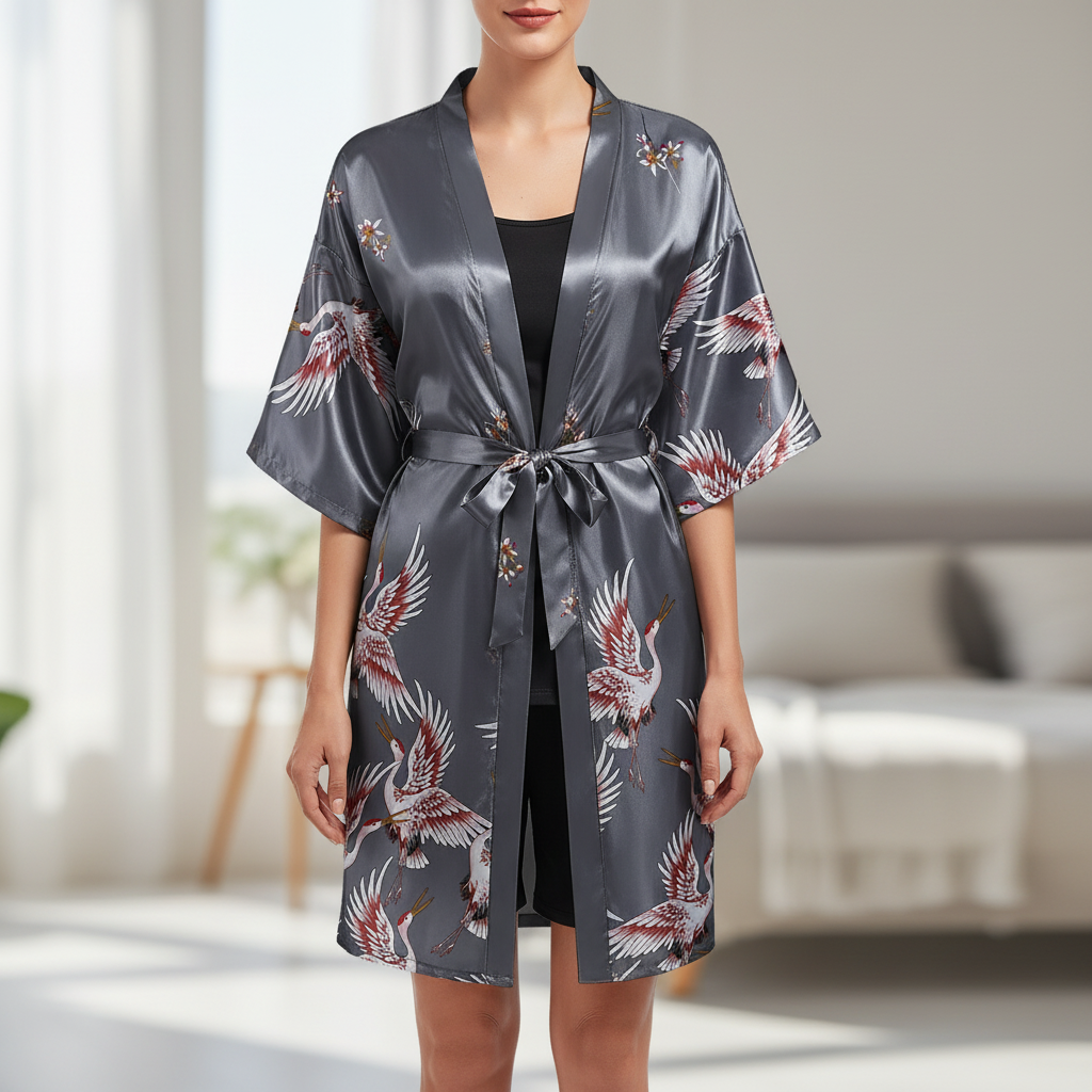 Kurzer Kimono-Morgenmantel Blumenmuster elegant seidenartig