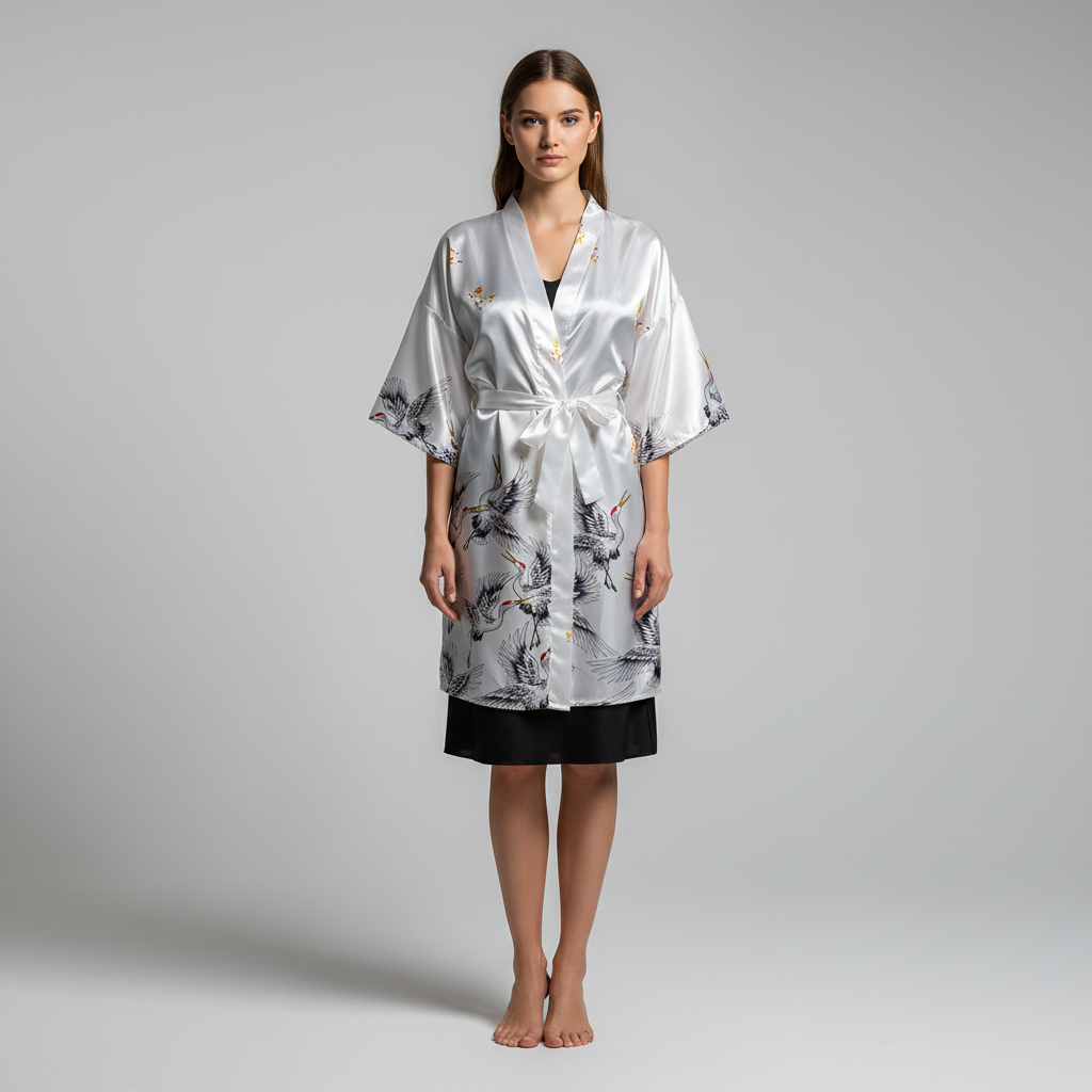 Kurzer Kimono-Morgenmantel Blumenmuster elegant seidenartig