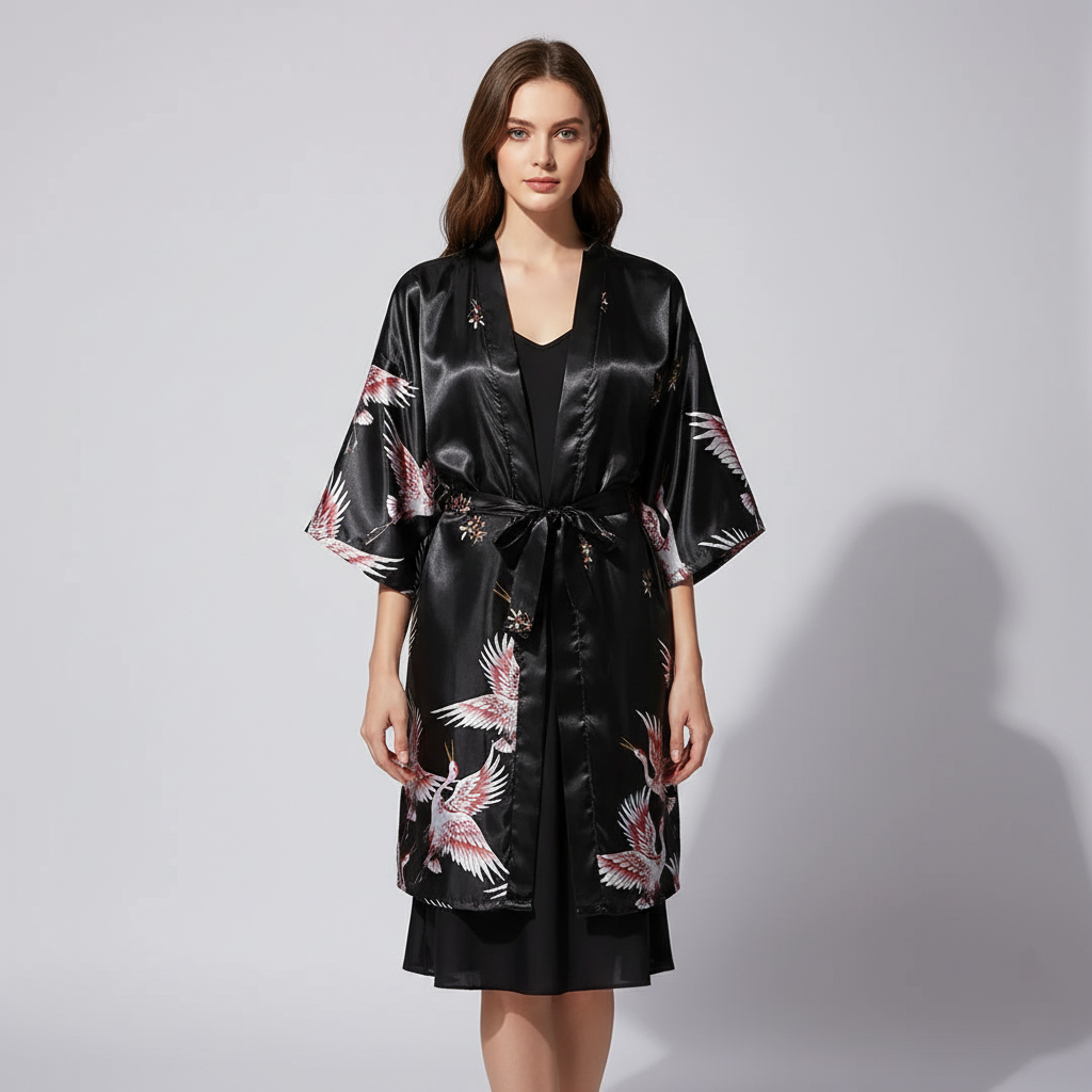 Kurzer Kimono-Morgenmantel Blumenmuster elegant seidenartig