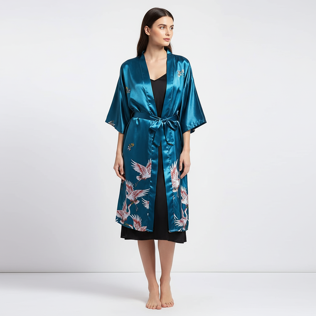 Kurzer Kimono-Morgenmantel Blumenmuster elegant seidenartig
