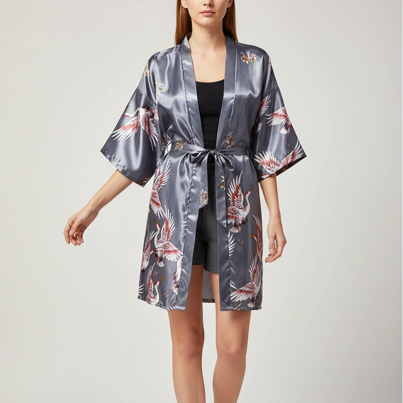 Kurzer Kimono-Morgenmantel Blumenmuster elegant seidenartig