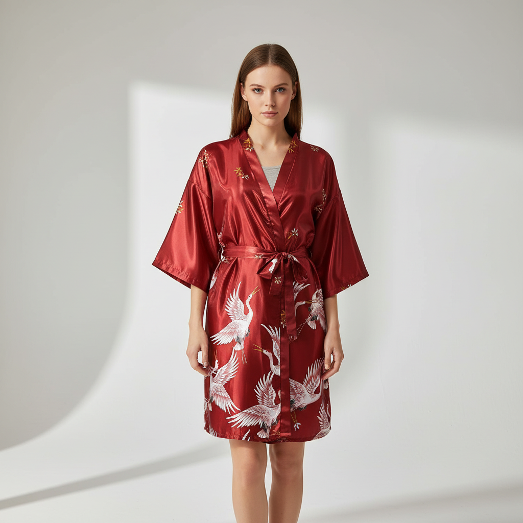 Kurzer Kimono-Morgenmantel Blumenmuster elegant seidenartig