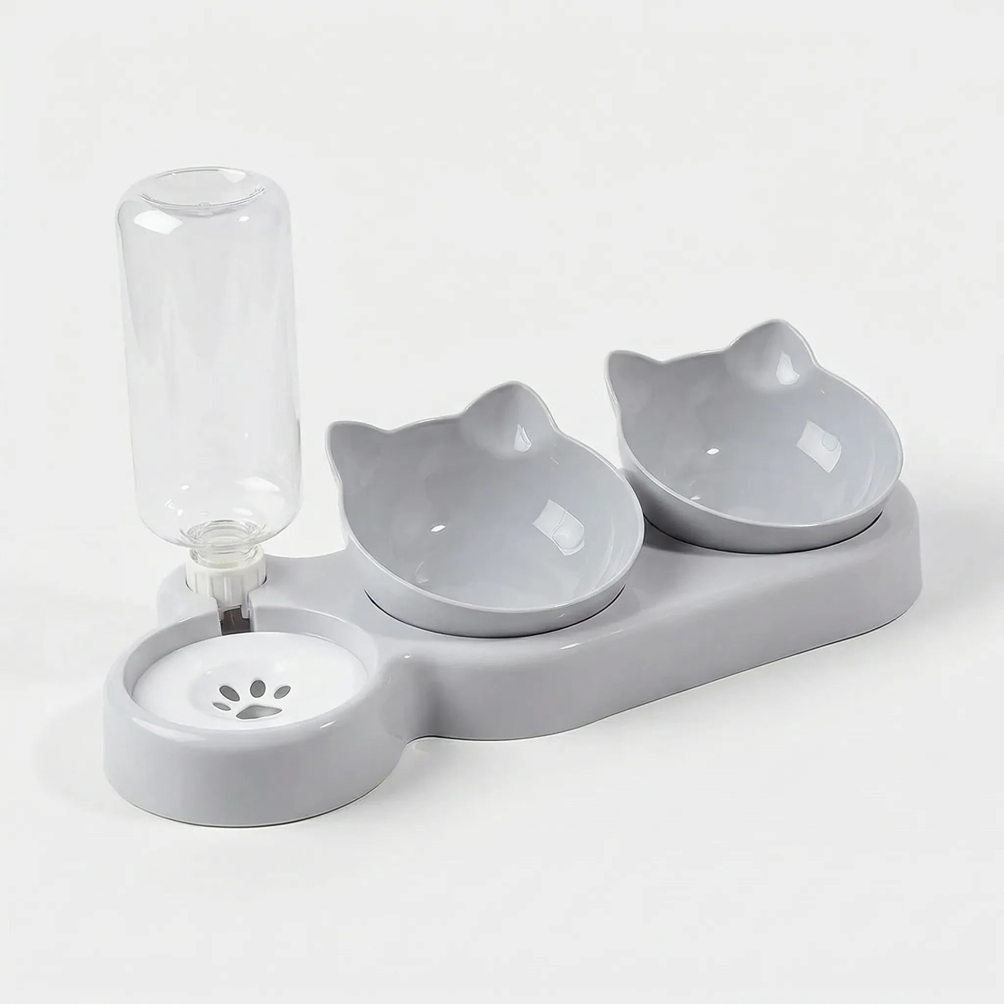 3-in-1 Katzennapf-Set mit geneigten Futternäpfen und automatischem Wasserspender