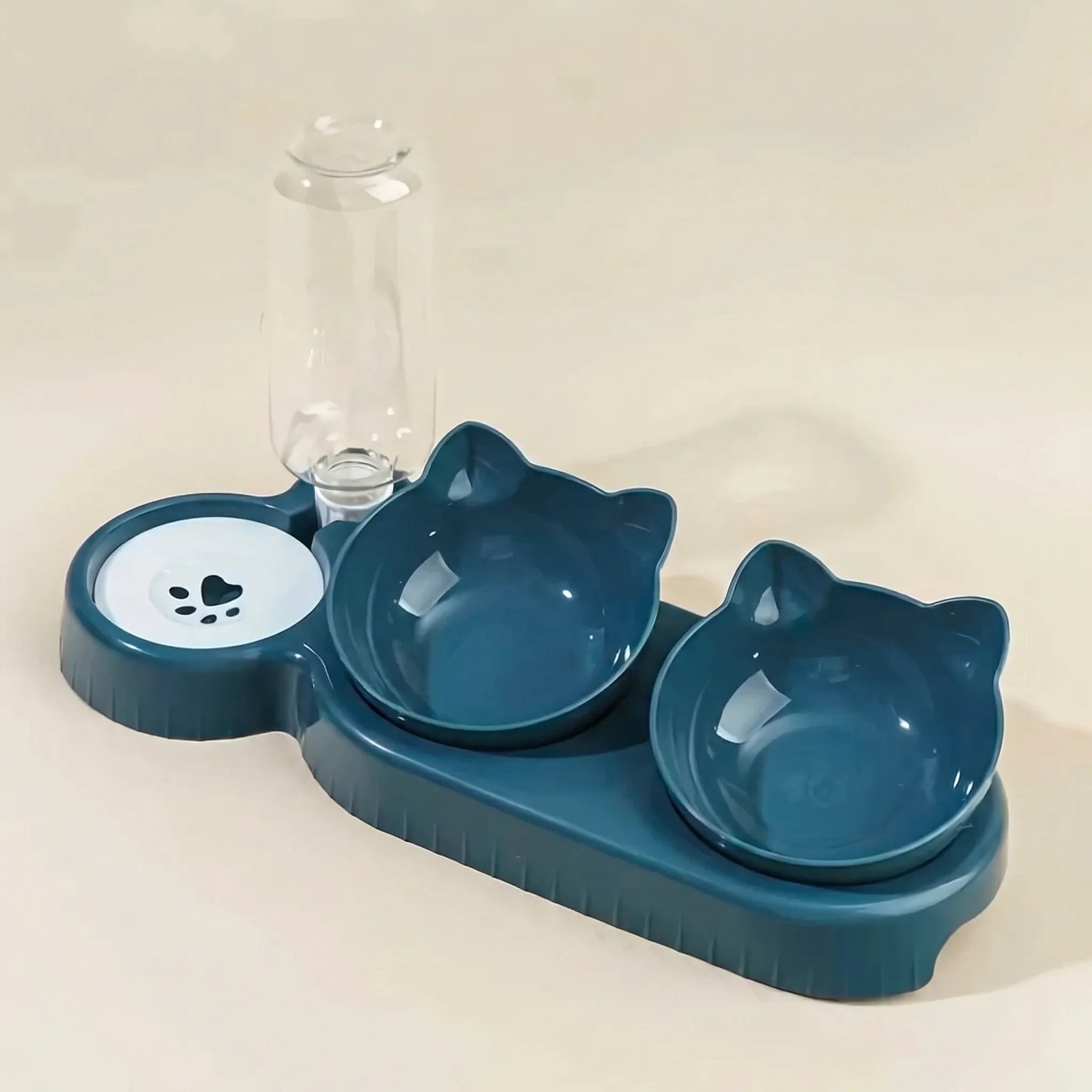3-in-1 Katzennapf-Set mit geneigten Futternäpfen und automatischem Wasserspender