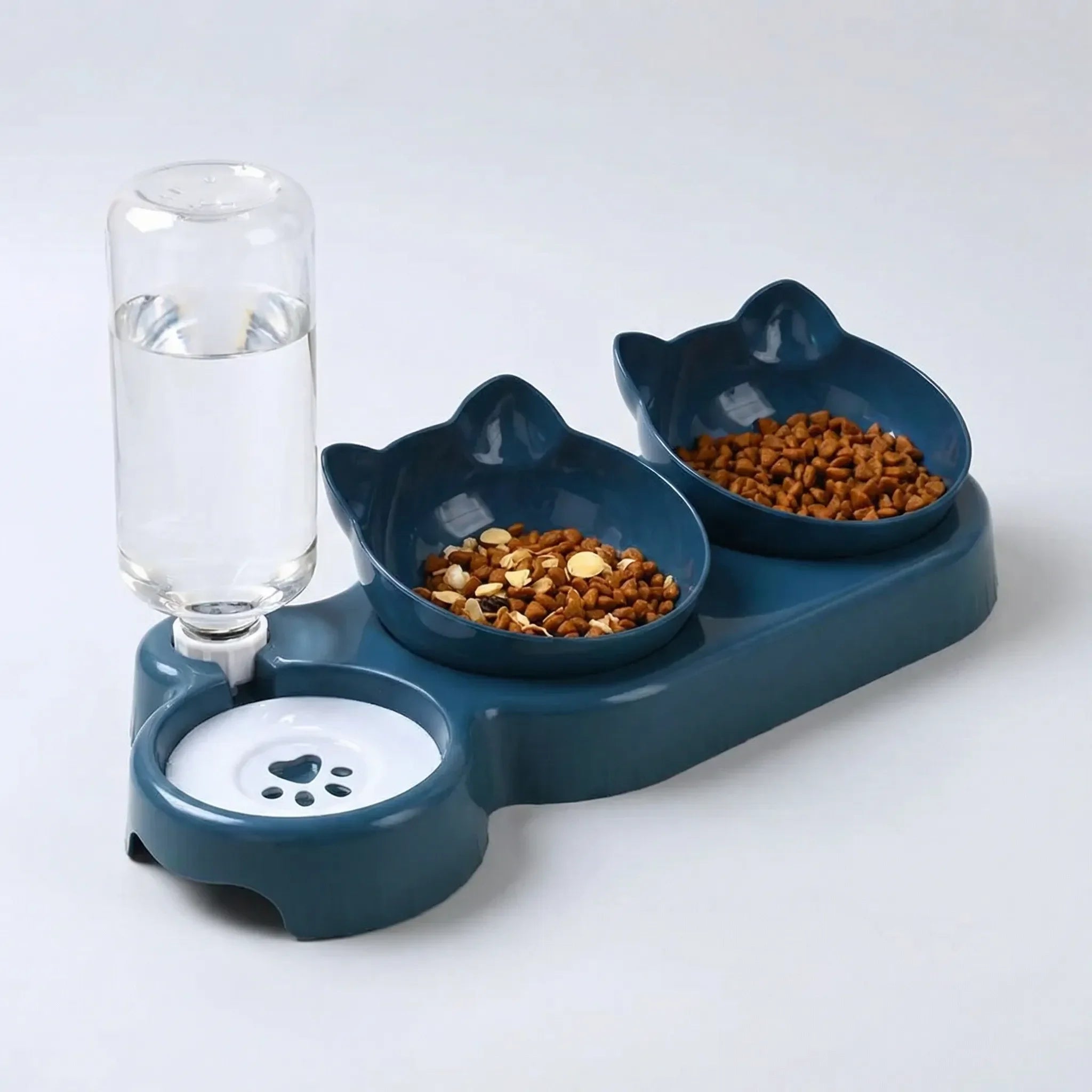 3-in-1 Katzennapf-Set mit geneigten Futternäpfen und automatischem Wasserspender