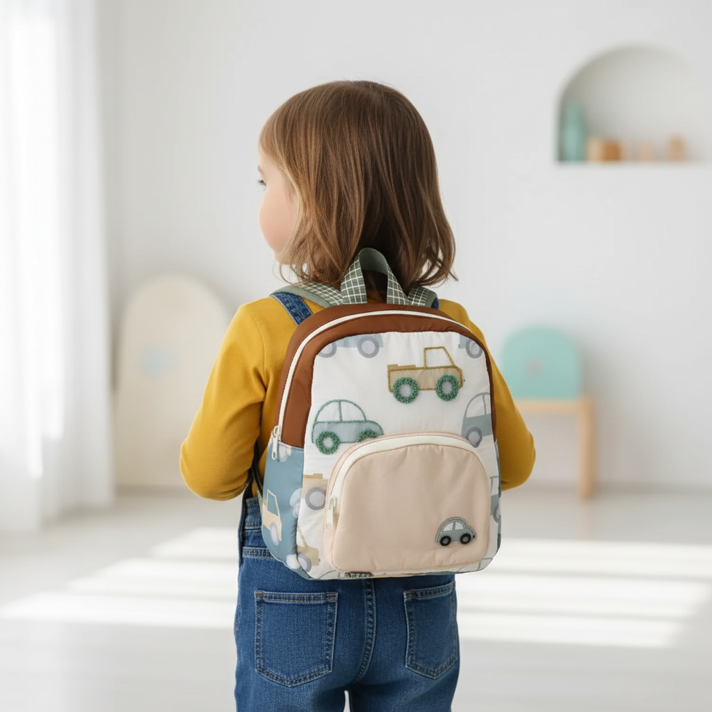 Leichter Canvas-Kinderrucksack mit gepolsterten Schultergurten und Auto-Motiv