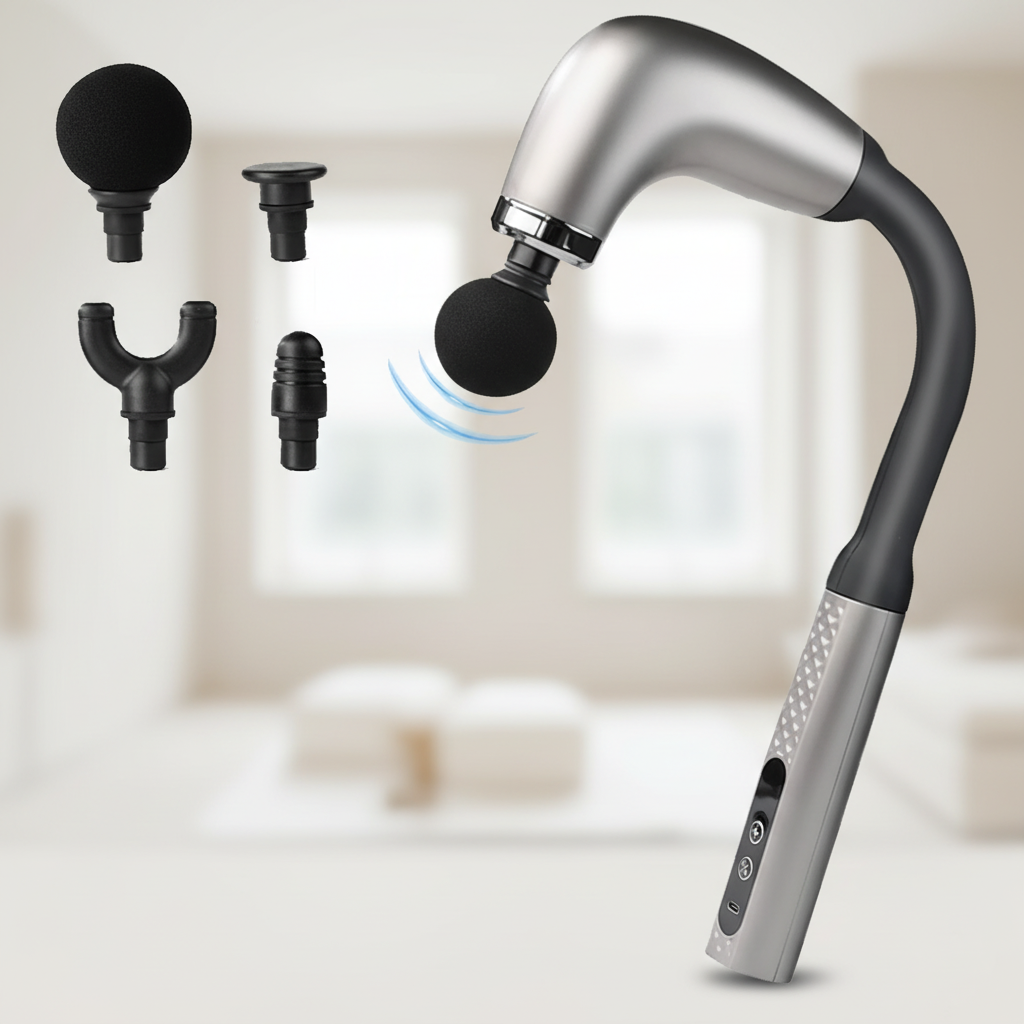 Handgeführter Perkussions-Massager mit ergonomischem Griff und austauschbaren Köpfen