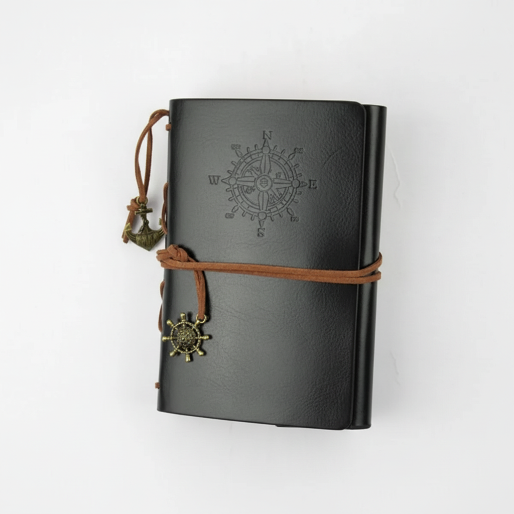 Vintage Reisetagebuch nachfüllbar kompakt mit geprägtem Kompass-Design
