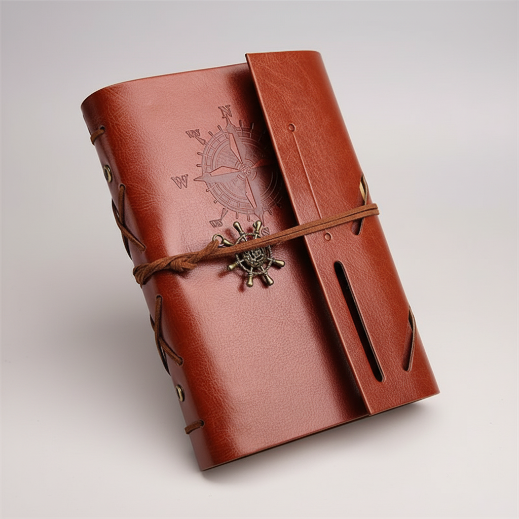 Vintage Reisetagebuch nachfüllbar kompakt mit geprägtem Kompass-Design