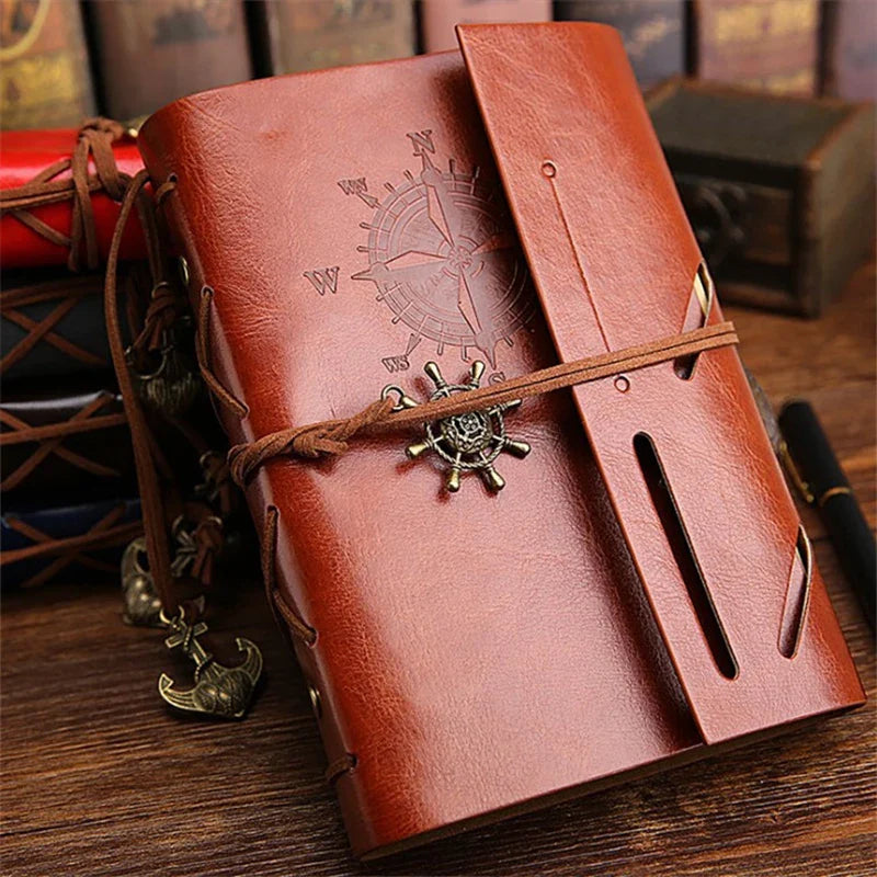 Vintage Reisetagebuch nachfüllbar kompakt mit geprägtem Kompass-Design