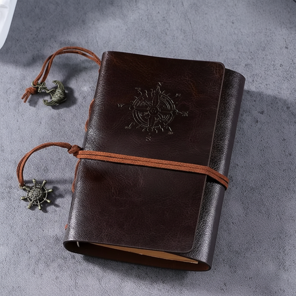 Vintage Reisetagebuch nachfüllbar kompakt mit geprägtem Kompass-Design