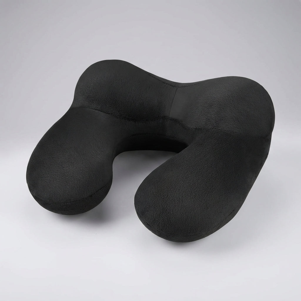 Aufblasbares Reise-Nackenkissen ergonomisch mit weichem Samtstoff und Schlafmaske