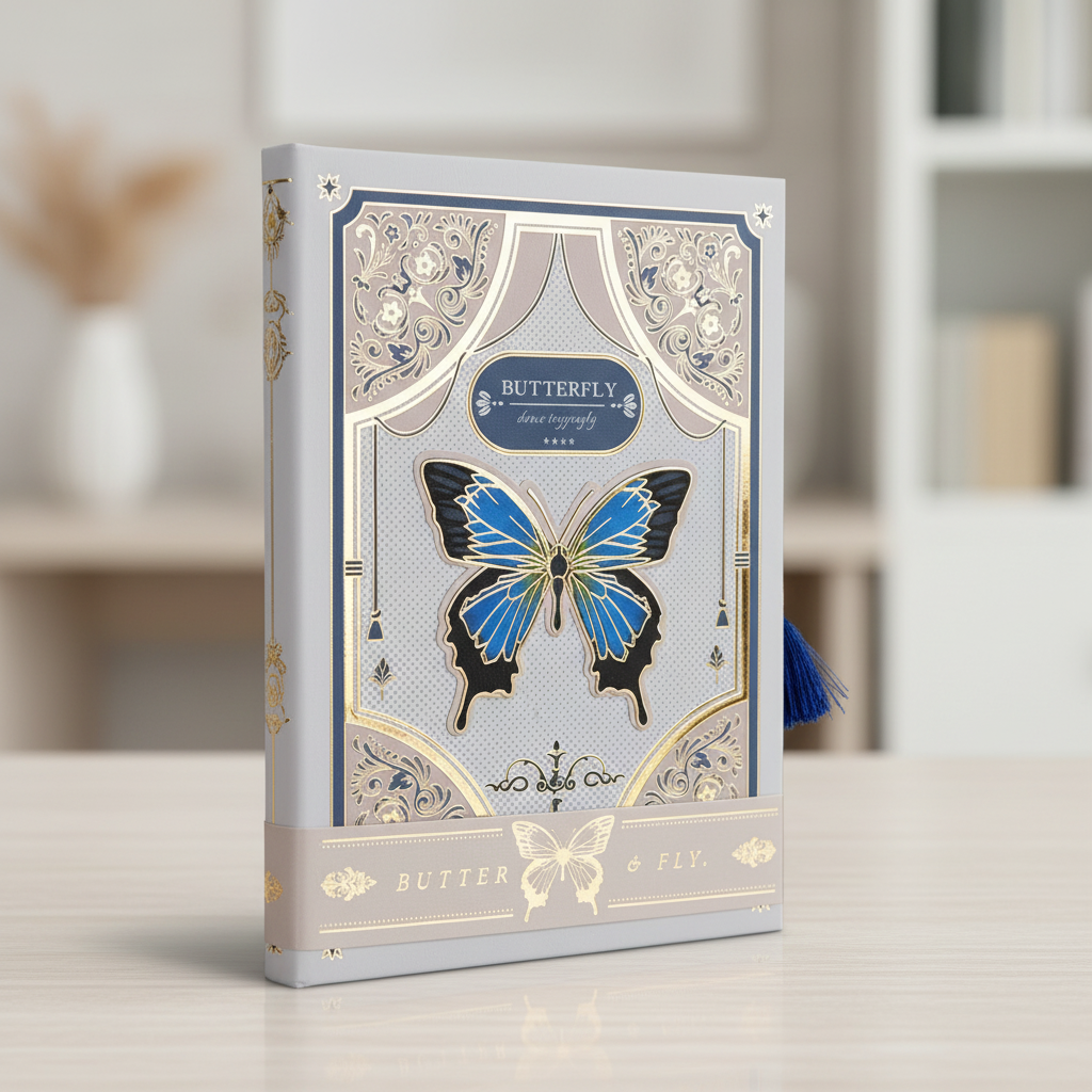 Hardcover-Notizbuch mit Schmetterlingsillustration und metallischen Akzenten