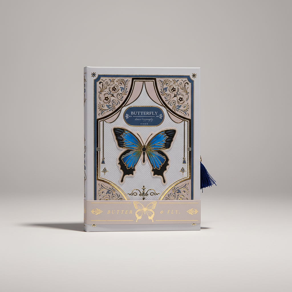 Hardcover-Notizbuch mit Schmetterlingsillustration und metallischen Akzenten