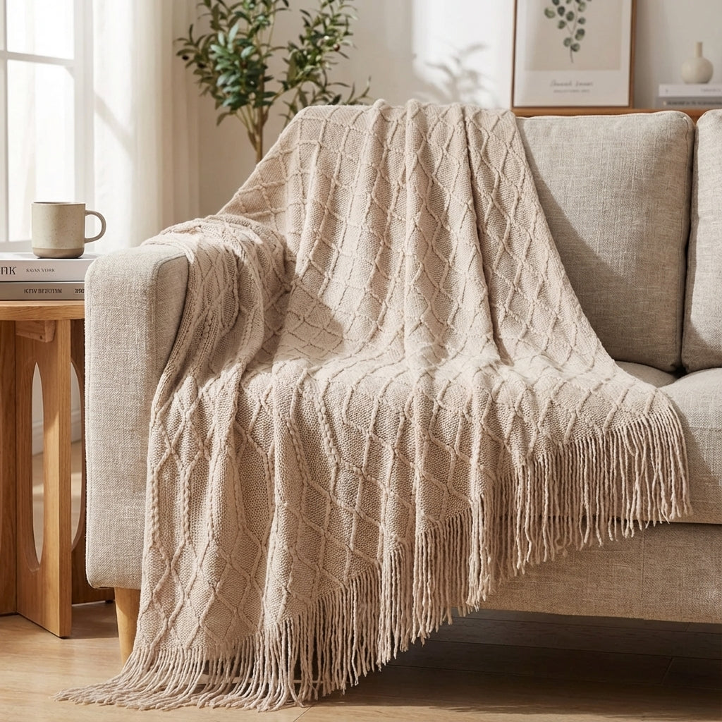 Übergroße Strickwurfdecke mit Quastenkanten und strukturiertem Gewebe