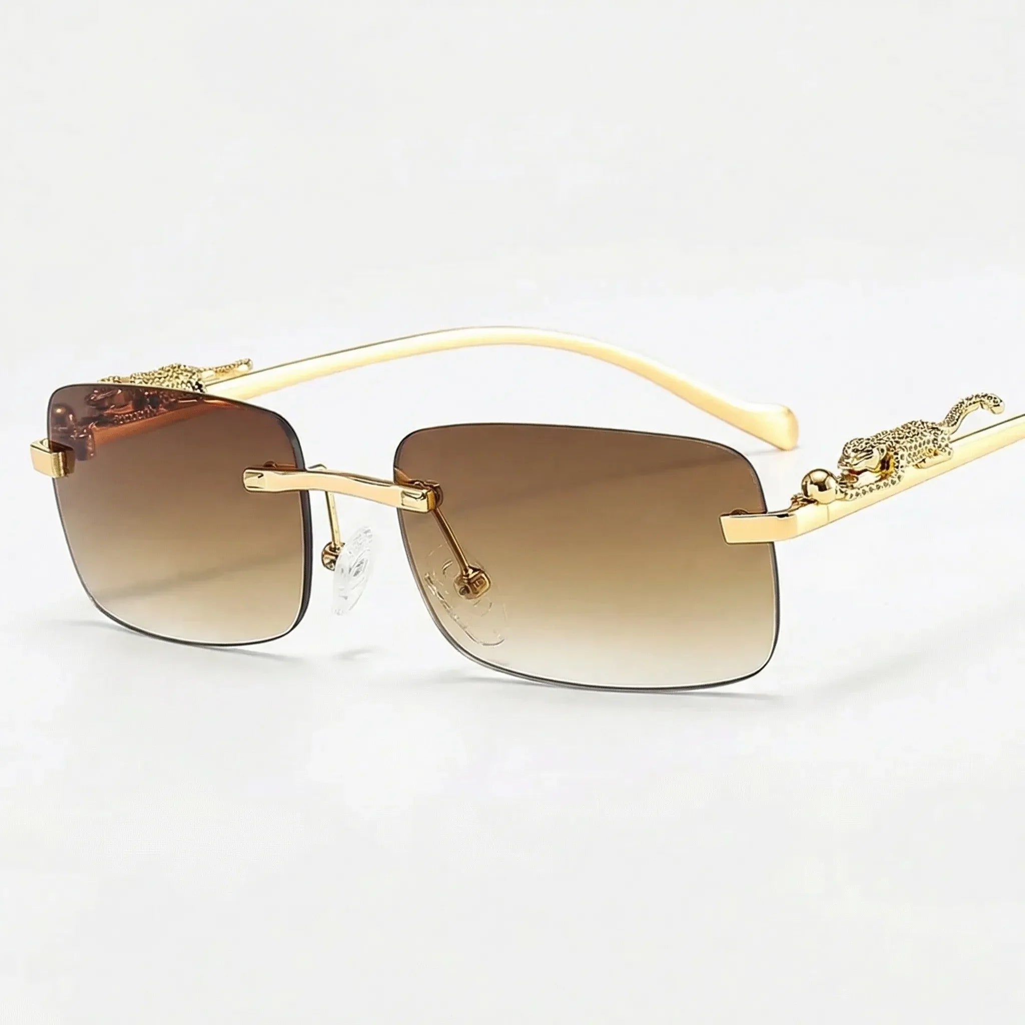 Randlose Quadratische Sonnenbrille mit Leoparden-Bügeldetails Goldton