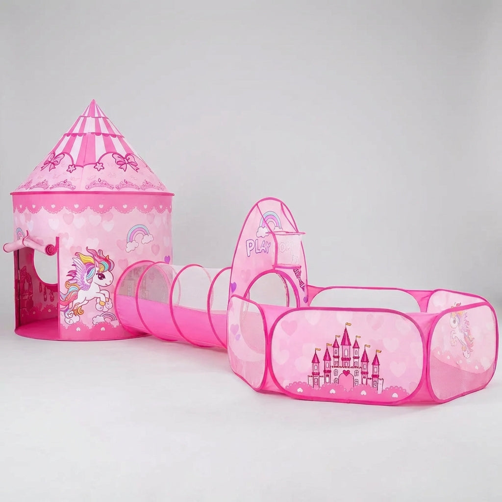 Faltbares 3-in-1 Kinder Spielzelt mit Tunnel und Bällebad für drinnen und draußen
