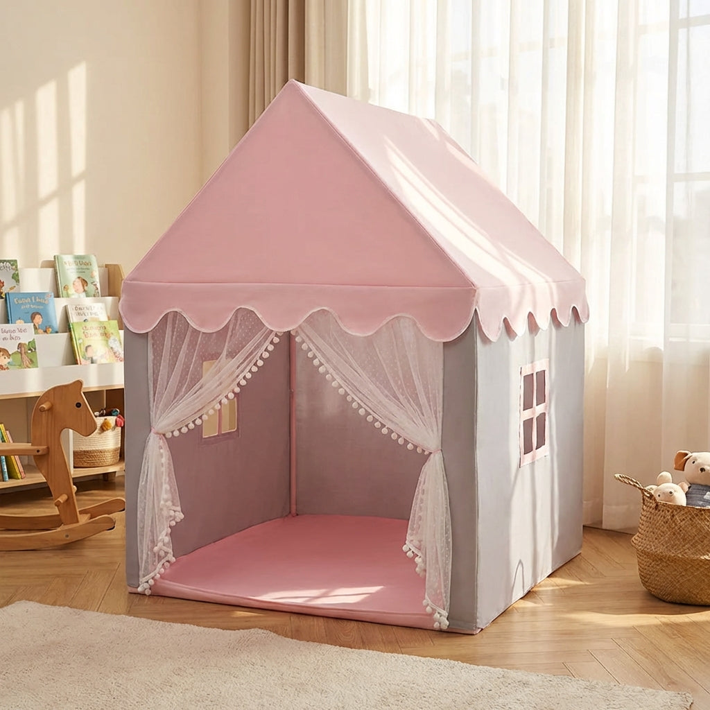 Faltbares Kinderspielzelt Rosa mit Spitzdach und Vorhängen