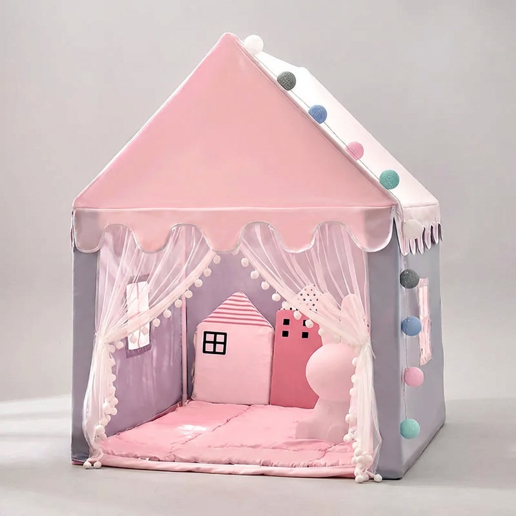 Faltbares Kinderspielzelt Rosa mit Spitzdach und Vorhängen