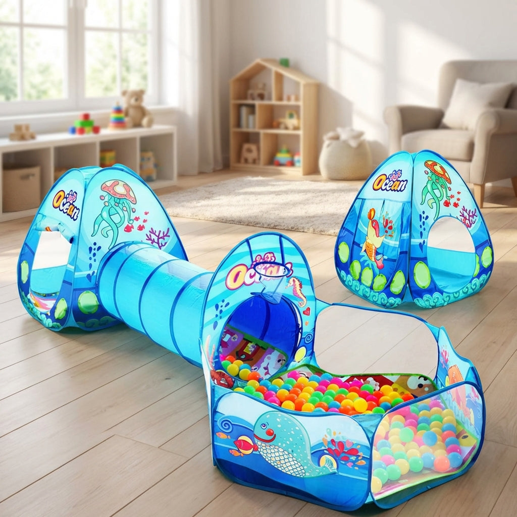 Faltbares 3-in-1 Kinderspielzelt mit Tunnel und Bällebad für sicheres Spielen