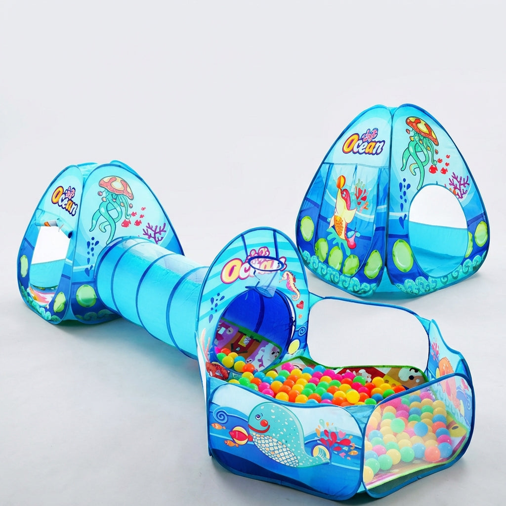Faltbares 3-in-1 Kinderspielzelt mit Tunnel und Bällebad für sicheres Spielen