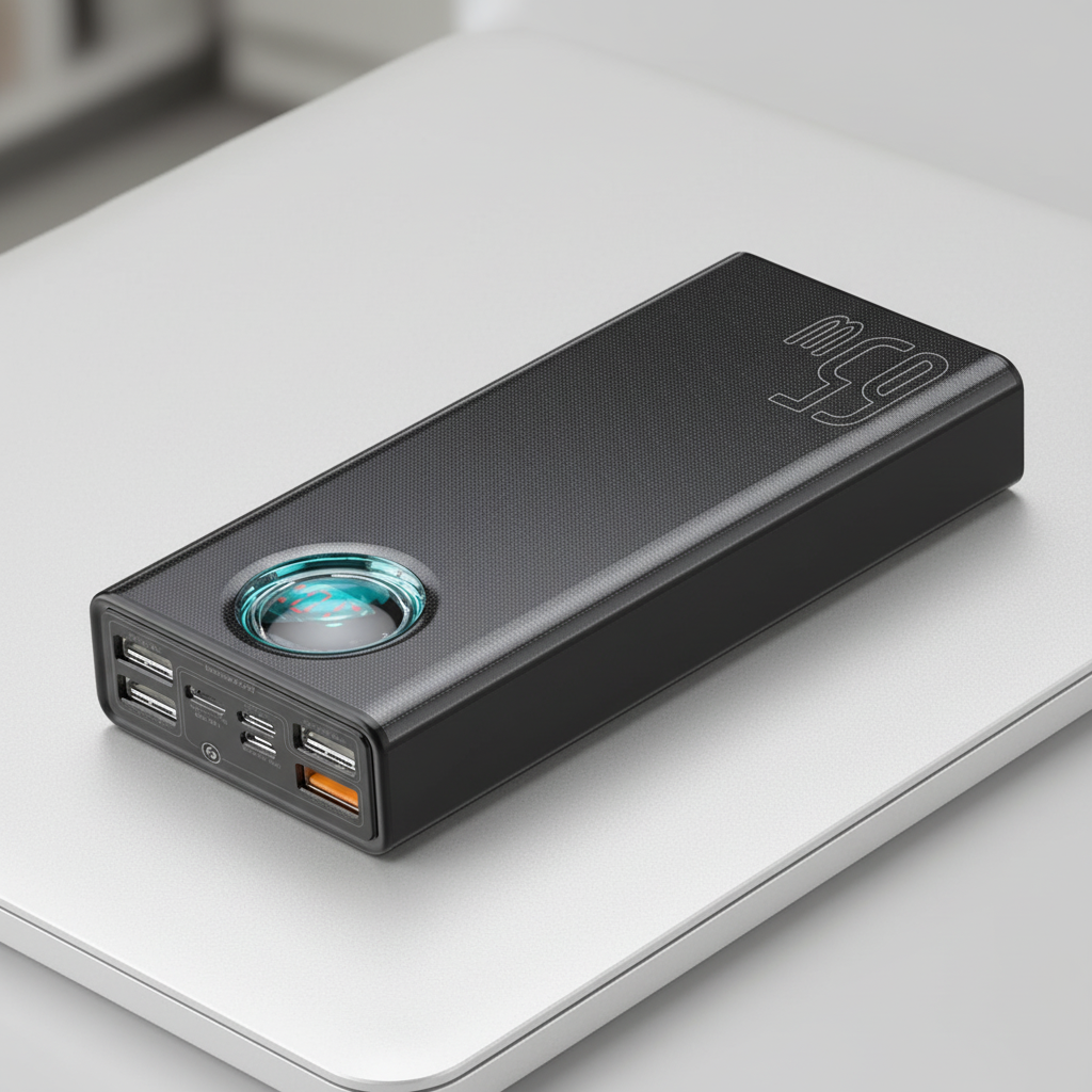 Hochkapazitäts-Powerbank mit 65W Schnellladen und integrierten Kabeln