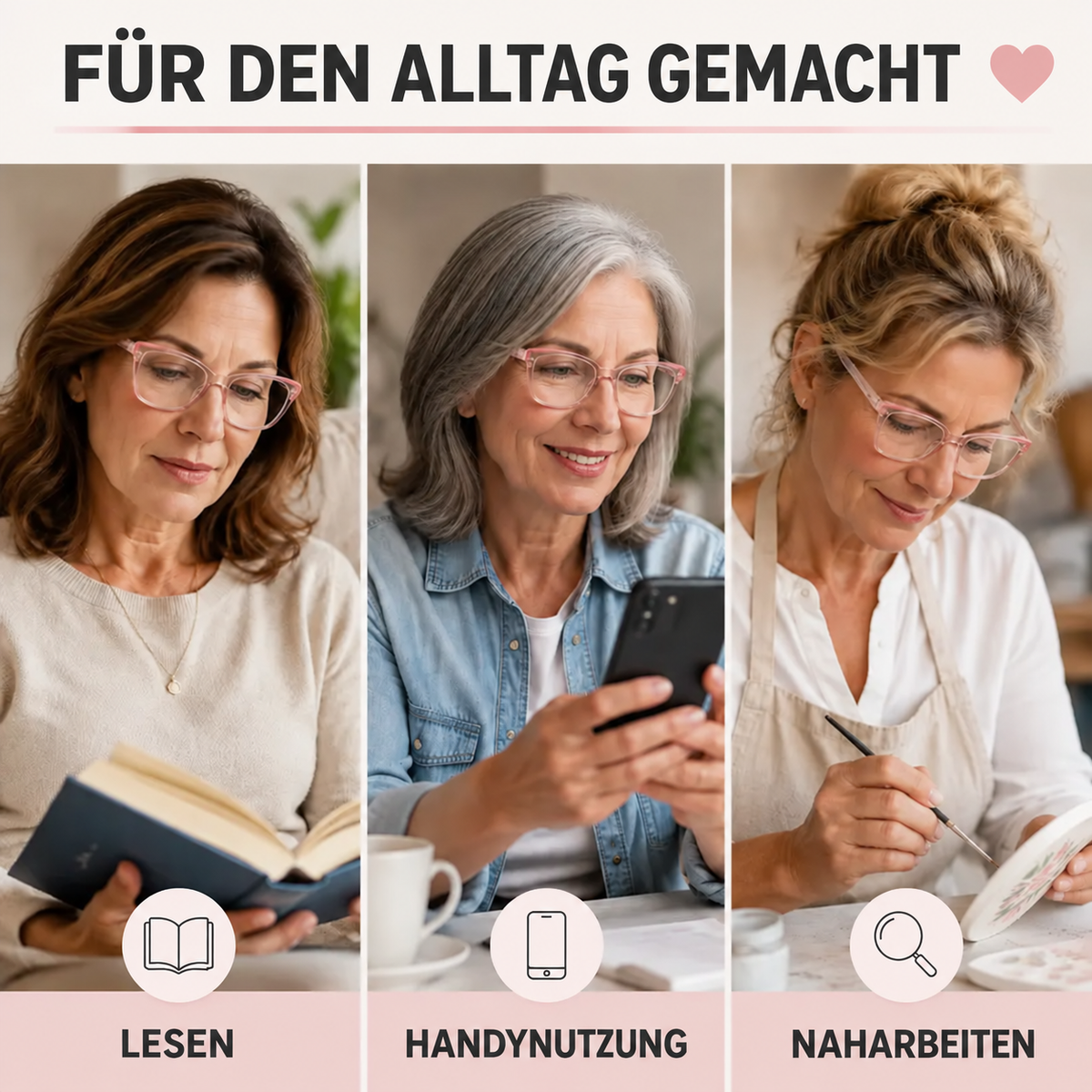 Nordspur | Progressive photochrome Lesebrillen für Damen, rosa quadratische Multifokal-Lesebrille